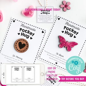 DIY Gift Idea Pocket Hug Card and Tags DIY Pocket Hug Cards Kids Valentines Day Gift Instant Download Edit with Corjl