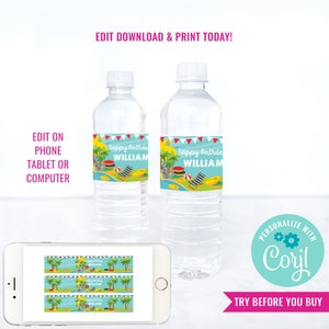 Birthday Party Water Park Water Bottle Labels Water Slide Party Water Bottle Labels Instant Download Edit File with Corjl