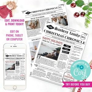 Carta familiar anual Plantilla de boletín familiar de Navidad Resumen del año editable Dos páginas Estilo periódico antiguo Descarga instantánea Editar Corjl
