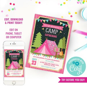 Girl Birthday Party Glamping Party Invitation Girl Camp Out Glamping Party Glitter Invite Instant Download Edit File with Corjl