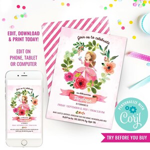 Princess Tea Party Invitation Pink Princess Party Invitations Watercolor Princess Invitation Instant Download & Edit File with Corjl image 1