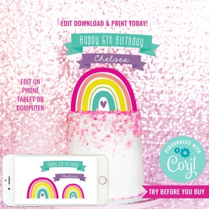 Mädchen-Geburtstags-Party Regenbogen-Kuchen-Deckel Boho rosa Regenbogen-Party-Kuchen-Deckel Moderne Regenbogen-Party-Sofort Download bearbeiten die Datei mit Corjl