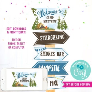 Camping Party Party Directional Signs Welcome Sign Watercolor Camping Party Printable Sign Instant Download  Edit File in Corjl