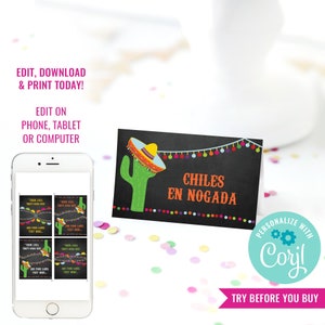 Fête d&#39;anniversaire Cartes de tente Fiesta mexicaine Étiquettes de nourriture Cartes de buffet Fiesta Étiquettes de cuisine mexicaine Étiquettes Téléchargement instantané Modifier le fichier avec Corjl
