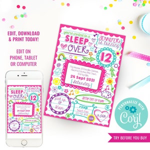 May include: Pink and green printable invitation for a sleepover party. The invitation features a doodle-style design with the text "You're invited to a Sleep Over" and "Jennifer is turning 12". The invitation also includes the date and time of the party, as well as the address.