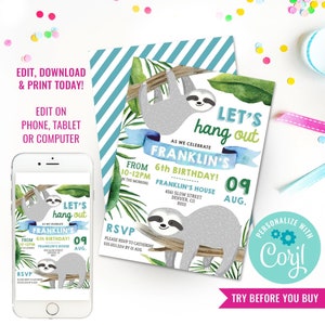 Boy Birthday Party Sloth Invitation Boys Sloth Invite Sloth Birthday Party Invitation Instant Download Edit File with Corjl