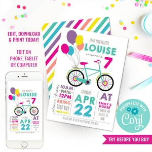 Girls Rainbow Bicycle Birthday Party Invitation Cruiser Bike Birthday Invite Instant Download Edit File in Corjl