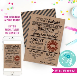Convite de churrasco de aniversário em papel kraft Convite para churrasco de verão Convite para churrasco de verão Download instantâneo Editar arquivo com Corjl