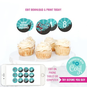 Boy Birthday Party Invitation BMX Bike Cupcake Toppers Mountain Bike Party Cupcakes Bike Party Cupcake Toppers Instant Download Edit Corjl