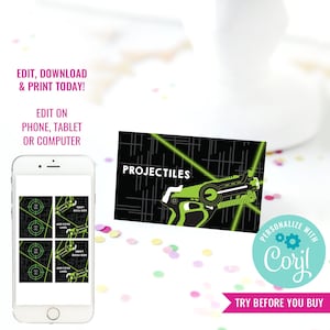 Boy Birthday Party Laser Tag Food Labels Birthday Lazer Tag Party Tent Cards Black and Green Instant Download Edit File with Corjl