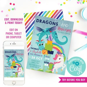 Dragon and Unicorn Birthday Party Invitation Unicorn Dragon Party Invite Boy and Girl Party Instant Download Edit File in Corjl