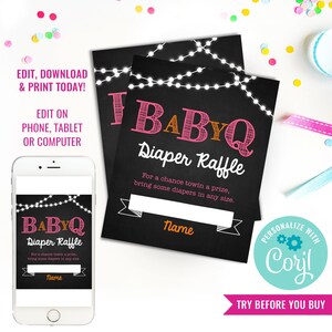 Chalkboard BaBy-Q Baby Shower Diaper Raffle Card for a Girl - BBQ Girl Baby Shower Diaper Raffle - Instant Download & Edit File with Corjl