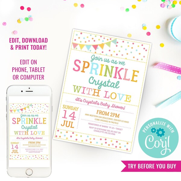 Sprinkle Baby Shower Invitation Unisex Rainbow Baby Shower Invitation Confetti Invitation Instant Download Edit File with Corjl