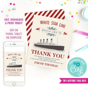 Titanic Party Thank You Card Birthday Party Theme Titanic Thank You Card Vintage Titanic Party Card Instant Download Edit File with Corjl