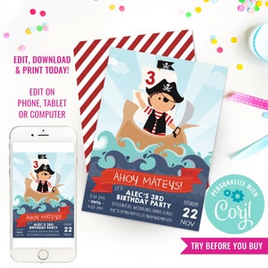 Invitación a fiesta de cumpleaños de niño pirata Invitación linda a fiesta de cumpleaños pirata Descarga instantánea Editar archivo con Corjl imagen 1