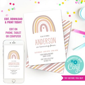 Girls Birthday Party Rainbow Invitation Boho Pink Rainbow Party Invitation Modern Rainbow Party Invitation Instant Download Edit in Corjl