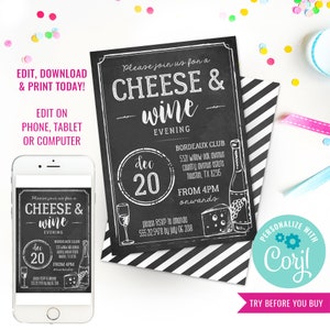 Cheese and Wine Party Invitation Cheese and Wine Tasting Cheese & Wine Evening Adult Party Invite Book Club Instant Download Edit in Corjl
