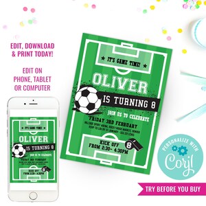 Boys Birthday Party Soccer Invitation Green Soccer Invite Printable Soccer Invite Instant Download Edit File with Corjl