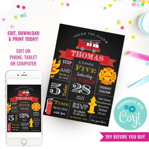 Boy Birthday Party Fireman Invitation Boys Firefighter Birthday Party Invitation Instant Download Edit File with Corjl