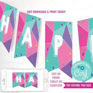 Girl Birthday Party Rock Climbing Banner Girls Indoor Climbing Party Banner Girls Rock Climbing Party Instant Download Edit File with Corjl