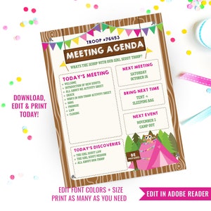 Agenda de reunião das escoteiras para impressão - Agenda de reunião editável - Agenda de reunião das escoteiras para impressão - Download instantâneo e edição de arquivo com o Adobe Reader