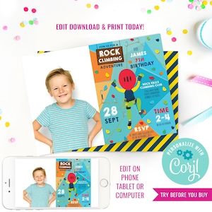 Boy Birthday Party Rock Climbing Invitation Indoor Climbing Party Invite Instant Download Edit File with Corjl