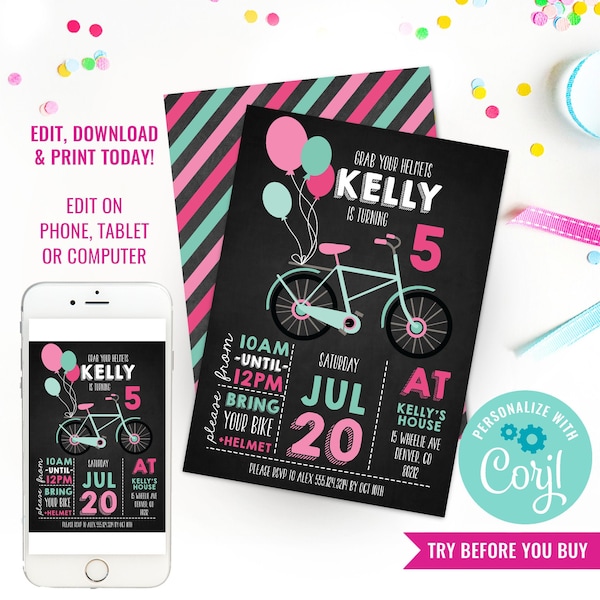Vintage Bicycle Birthday Party Invitation - Pink Bike Birthday Invitation - Instant Download & Edit File with Corjl