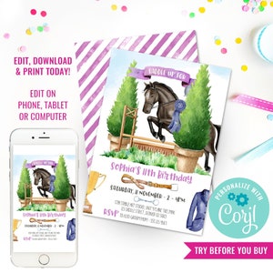 Horse Show Jumping Party Invitation Watercolor Horse Birthday Party Invite Pony Party Invite Instant Download & Edit File with Corjl image 1