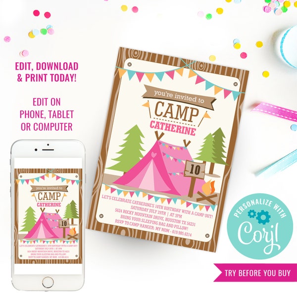 Camping Tent Party Uitnodiging voor een meisje - Kamperen - Glamping bewerkbaar - Meisjes Camping Party - Instant Download & Bewerk bestand met Corjl