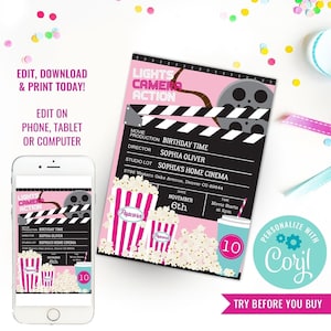 Girl Birthday Party Movie Invitation Girls Movie Night Party Invitation Movie Ticket Invitation Instant Download Edit File with Corjl