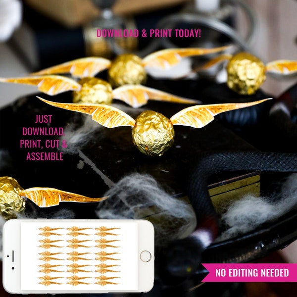 Halloween Wizard Party Décor Accessory - Printable Golden Snitch - Flying Gold Ball Wings - Ferrero Rocher Golden Wings - Instant Download