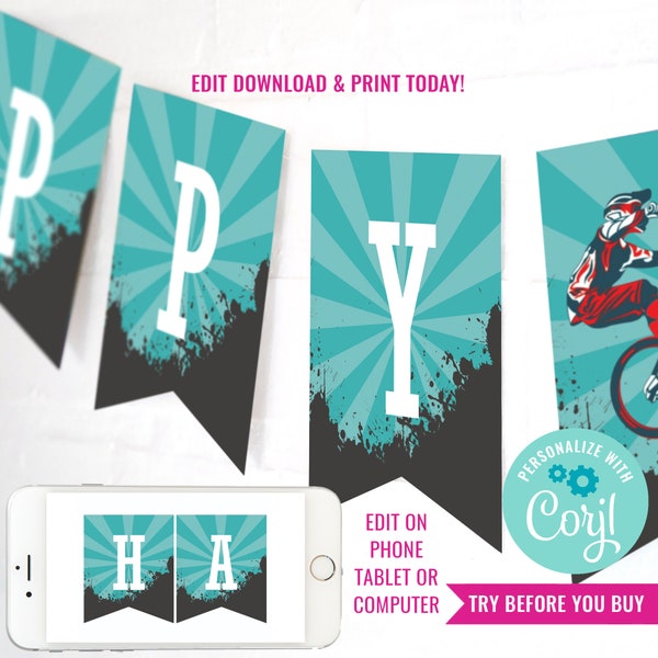 BMX Fahrrad Geburtstagsbanner - Mountainbike Happy Birthday Banner - Personalisieren Sie Ihr Geburtstagsbanner - Sofortiger Download & Bearbeiten Sie Datei mit Corjl