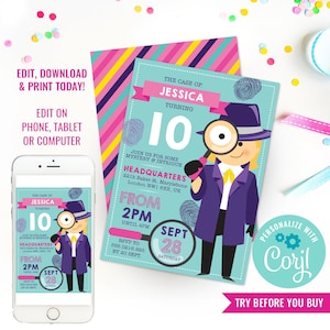 Girl Birthday Party Detective Party Invitation Girl Spy Party Invitation Secret Agent Birthday Party Instant Download Edit File with Corjl