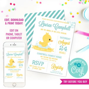 Baby Shower Invitation Cute Rubber Duck Baby Shower Invite Rubber Ducky Unisex Baby Shower Invitation Instant Download Edit File with Corjl