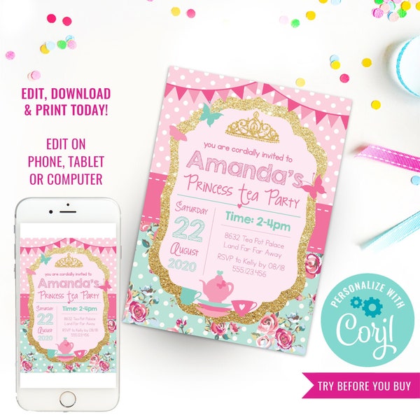 Princess Tea Party Invitation - Pink and Gold Glitter Shabby Chic - Instant Download & Edit File with Corjl