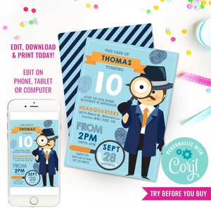 Boy Birthday Party Detective Invitation Spy Party Invitation Secret Agent Birthday Party Invite Instant Download Edit File with Corjl