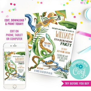 Pode incluir: Um convite imprimível para uma festa de aniversário de uma criança de 8 anos. O convite apresenta uma cobra verde com uma cobra marrom enrolada ao redor. O convite diz "Slither and Slide on over to William's 8th Birthday Party" e inclui a data e hora da festa. O convite é decorado com folhas verdes e um galho de madeira.