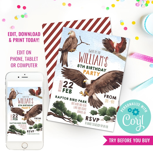 Birds of Prey Party Invitation - Falconry Party Invite - Eagle Party Invitation - Instant Download & Edit File with Corjl