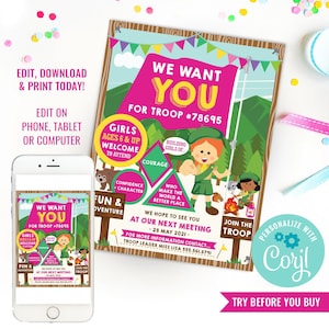 May include: A colorful printable invitation for a Girl Scout troop meeting. The invitation features a cartoon girl scout holding a flag and a campfire scene. The text on the invitation reads "We Want You for Troop #78695" and includes information about the meeting date and time. The invitation is personalized with the text "Personalize with Caryl".
