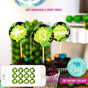 Boy Birthday Party Paintball Cupcake Toppers for a Boy Paintball Party Digital Toppers Paintball Party Decor Instant Download Edit in Corjl
