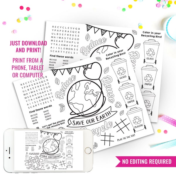 Printable Earth Day Coloring Activity Placemat - Earth Day Activity - Recycling Activity Mat - Instant Download - No editing required