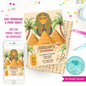 Kids Ancient Egypt Party Invitation Tutankhamen Party Invite Archaeology Party Invitation Instant Download Edit File in Corjl