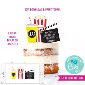Movie Night Party Cake Topper - Movie Night DIY Cake Toppers - Instant Download & Edit File with Corjl