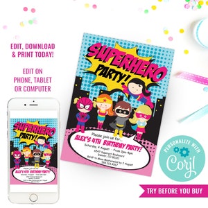 Girl Birthday Party Superhero Invitation Girl Superhero Party Invite Girl Superhero Birthday Instant Download Edit File with Corjl
