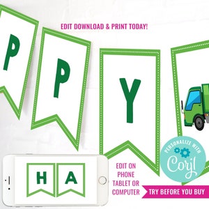 Garbage Truck Party Happy Birthday Banner Garbage Truck Party Banner Instant Download & Edit File with Corjl image 1