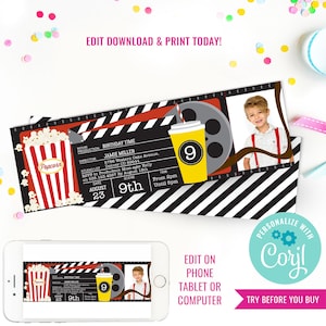 Movie Party Photo Invitation Movie Ticket Invitation Movie Night Invitation Instant Download & Edit File with Corjl image 1