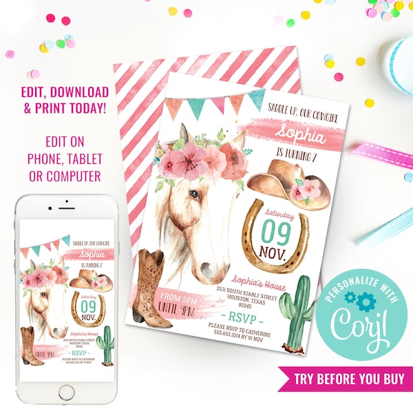Cowgirl Birthday Party Invitation - Cowgirl Watercolor Invitation - Horse Party - Instant Download & Edit File with Corjl