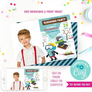 Birthday Party Sledding Invitation Winter Tobogganing Party Invitation Winter Party Invitation Instant Download Edit File with Corjl