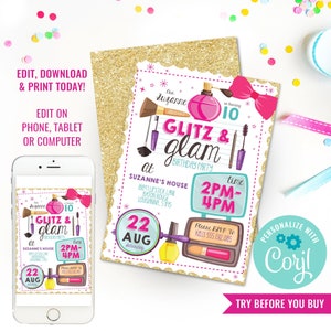 May include: A pink and gold birthday party invitation with a glittery background. The invitation features a makeup theme with lipstick, nail polish, and a perfume bottle. The text on the invitation reads "Our Suzanne is having a 10th Glitz & Glam Birthday Party at Suzanne's House 2PM-4PM 22 AUG".