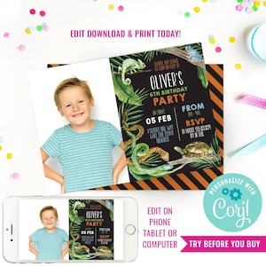 May include: A printable invitation for a 6th birthday party with a jungle theme. The invitation features a black background with orange stripes, a green snake, a chameleon, a frog, and a turtle. The text on the invitation reads "Oliver's 6th Birthday Party" and includes the date, time, and location of the party. The invitation also includes a photo of a young boy.